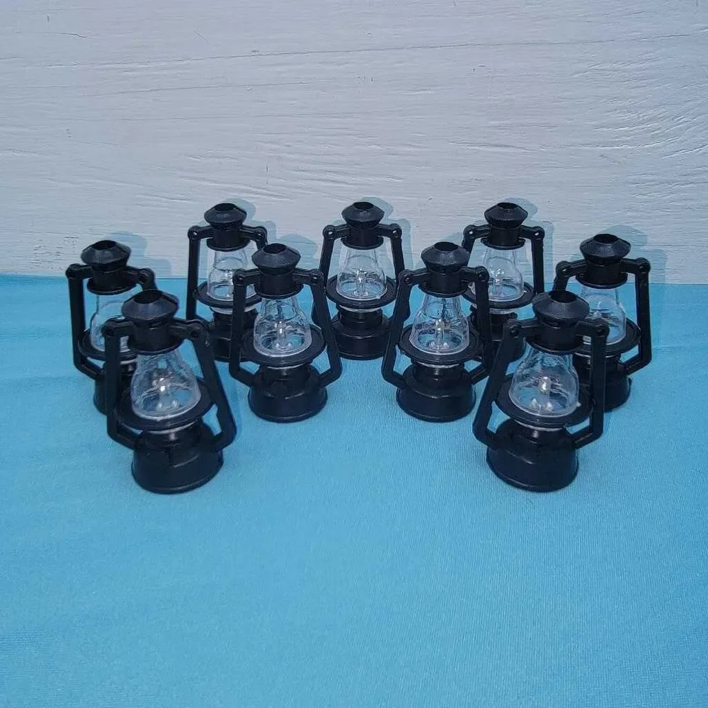 Lot of 9 Mini Plastic Lantern Ornaments Lamp Decor 2 Inch Tall Black Clear